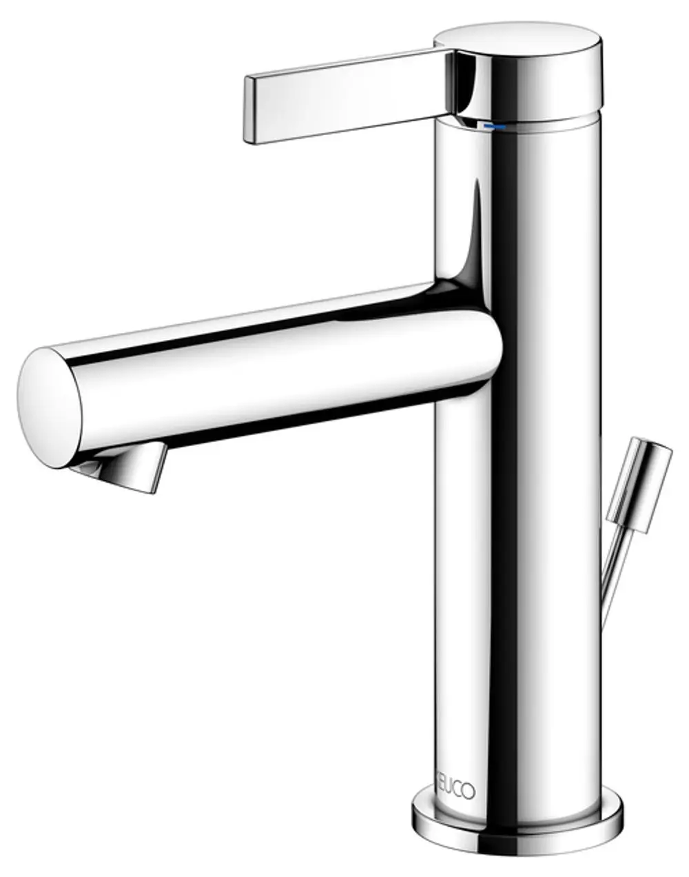 Chromfarbener Waschbeckenmischer von Keuco mit einem schlanken Design, schwenkbarem Auslauf und einem separaten Zugmechanismus.